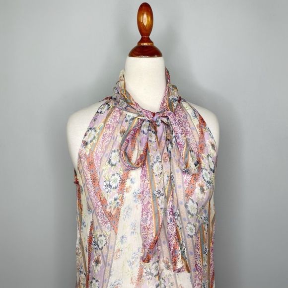 DREW Silk chiffon Multicolor Paisley Pussy Bow Tie Neck Snap Back Tank Size XS - Picture 4 of 10